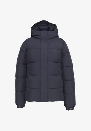 Giacca imbottita navy con cappuccio e chiusura frontale dritta. Presenta una cucitura orizzontale e polsini elasticizzati per comfort e calore.