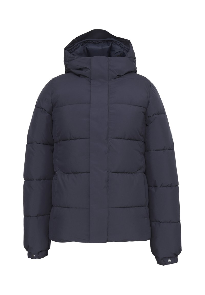 Giacca imbottita navy con cappuccio e chiusura frontale dritta. Presenta una cucitura orizzontale e polsini elasticizzati per comfort e calore.