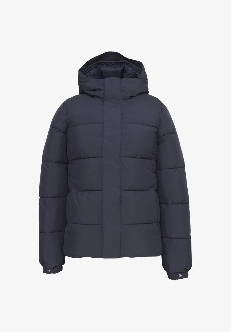 Giacca imbottita navy con cappuccio e chiusura frontale dritta. Presenta una cucitura orizzontale e polsini elasticizzati per comfort e calore.