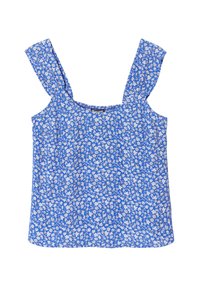 Top sin mangas floral azul con tirantes anchos, que presenta un diseño estampado de flores blancas sobre una tela texturizada. Escote cuadrado, ajuste relajado.