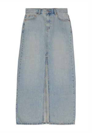 Vaalean sininen denim-midi-hame, jossa on etureikä, viisi taskua, vyölenkit ja vetoketjukiinnitys. Sisältää hienovaraisia haalistumia ja ompeluyksityiskohtia.