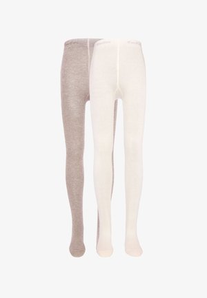 Two pairs of leggings, one light beige and one light gray, both featuring a soft, textured fabric and a smooth waistband with brand logo.