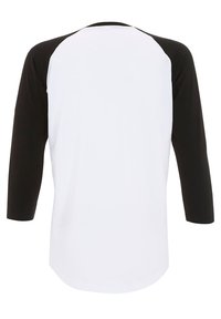 Maglietta con maniche a tre quarti, corpo bianco e maniche raglan nere. Tessuto morbido, orlo arrotondato e design a colori contrastanti.