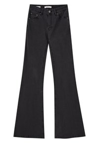 Jeans de mezclilla negros acampanados con cinco bolsillos, cremallera y cinturilla de altura media. Textura suave con detalles de costura mínimos.