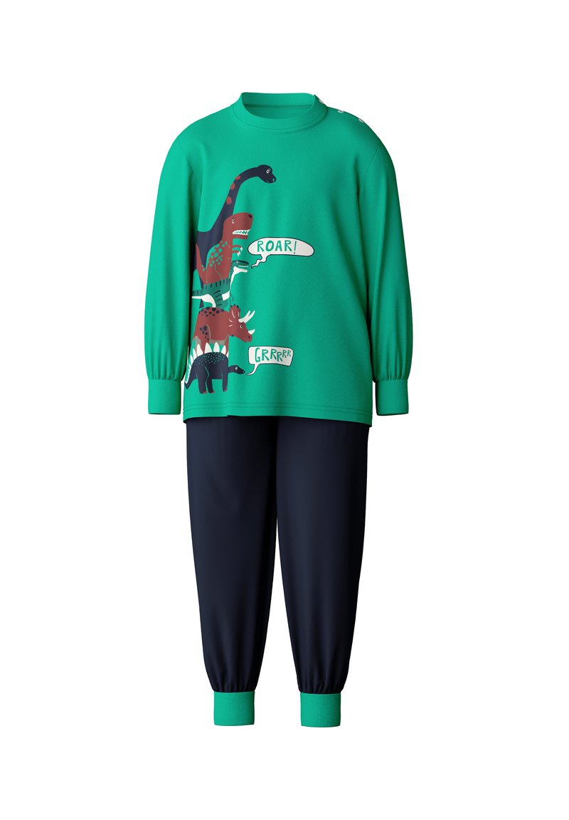 Groene sweatshirt met dinosaurusafbeeldingen en de teksten "ROAR!" en "GRRRR", gecombineerd met marineblauwe broek met groene boorden.