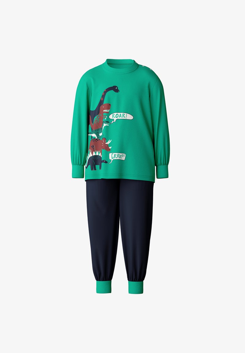 Groene sweatshirt met dinosaurusafbeeldingen en de teksten "ROAR!" en "GRRRR", gecombineerd met marineblauwe broek met groene boorden.