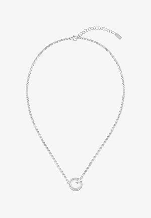 Collana in argento con un pendant rotondo caratterizzato da un design circolare, incastonato con piccole pietre trasparenti, e un clasp regolabile sul retro.
