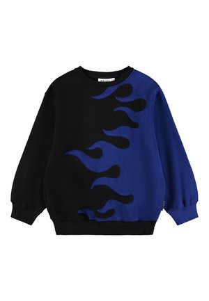 Svart og blå oversized sweatshirt med flamme-design i kontrasterende blått stoff, rund hals og ribbede mansjetter og kant.