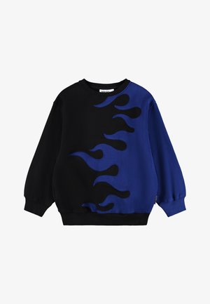 Felpa oversize nera e blu con design a fiamma in tessuto blu a contrasto, colletto rotondo e polsini e fondo a coste.