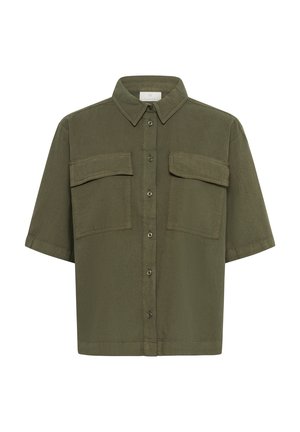 Rövid ujjú olívazöld, gombos ing hegyes gallérral és két nagy fedeles mellzsebbel.