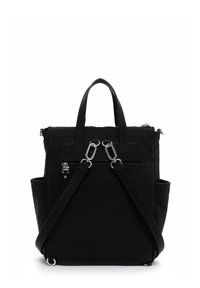 Black fabric backpack with dual top handles, adjustable straps, front zip pocket, and side pockets. Features silver-tone metal hardware.