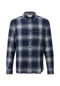 Marineblauw-wit geruit overhemd met lange mouwen, knoopsluiting, standaard kraag en borstzak met een klein merkembleem. Gemaakt van katoen.