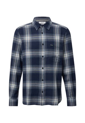 Marineblaue und weiße Karo-Langarmbluse mit durchgehender Knopfleiste, Standardkragen und Brusttasche mit kleinem Markenetikett. Aus Baumwollmaterial.