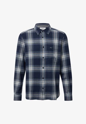 Marineblaue und weiße Karo-Langarmbluse mit durchgehender Knopfleiste, Standardkragen und Brusttasche mit kleinem Markenetikett. Aus Baumwollmaterial.