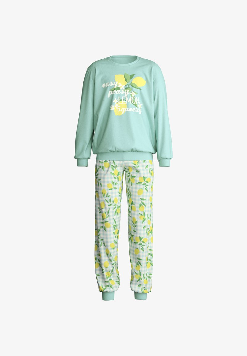 Sweat-shirt vert clair avec un motif citron et le texte « easy peasy LEMON squeezy », associé à un pantalon blanc orné d'un imprimé feuilles vertes et citrons.
