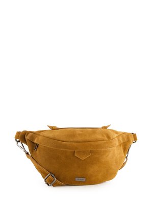 Sac banane en daim marron avec bandoulière réglable et boucle en métal, avec une petite plaque avant avec le logo et le texte Venezia.