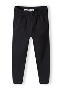 Sorte leggingbukser til baby med elastisk talje og lige ben, lagt fladt ud på en hvid baggrund.