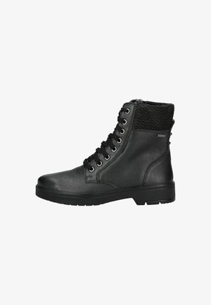 Bottines en simili cuir noir avec un dessus texturé noir, un laçage à l'avant, des œillets en métal et une semelle en caoutchouc robuste.
