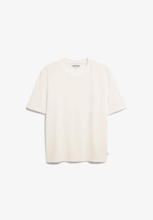 Rundhals, kurzärmeliges T-Shirt aus weichem, leichtem Baumwollstoff. Helles Beige mit einer lockeren Passform und einem Etikett an der Seitennaht.