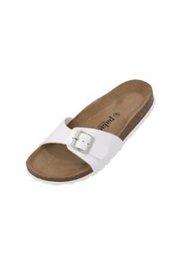 White slide sandal with a shiny silver buckle, cork footbed, textured brown insole, and white rubber sole. Simple, open design for ease of wear.