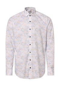 Weißes Hemd mit Knöpfen und geometrischem Muster in Hellblau, Beige und sanftem Grau. Mit klassischem Kragen und schwarzen Knöpfen.