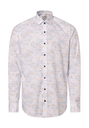 White button-up shirt with a geometric pattern in light blue, beige, and soft gray. Features a classic collar and black buttons.