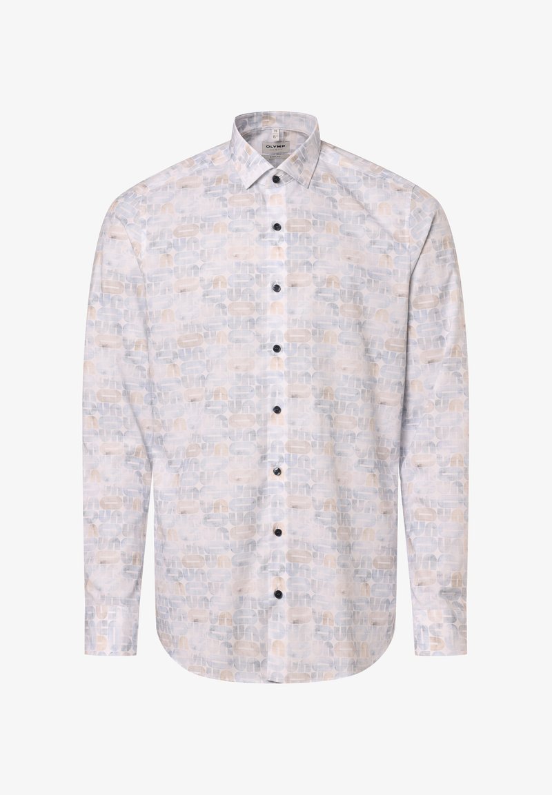 Weißes Hemd mit Knöpfen und geometrischem Muster in Hellblau, Beige und sanftem Grau. Mit klassischem Kragen und schwarzen Knöpfen.