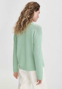 Hellgrüner, gestrickter Pullover mit lockerer Passform, gerippten Bündchen und Saum sowie seitlichen Schlitzen für mehr Bewegungsfreiheit. Die Textur wirkt weich und atmungsaktiv.