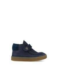 Stivali alla caviglia in pelle blu navy con pannello in maglia testurizzata e cinturino in Velcro, dotati di suola in gomma e suola esterna di un marrone chiaro a contrasto.