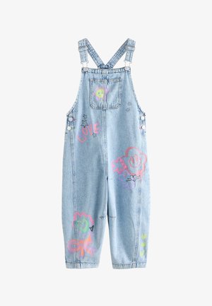 Lyseblå denim-ridebukser med justerbare stropper, frontlomme og farverige graffiti-stil design inklusiv blomster, hjerter, stjerner og ordet kærlighed.