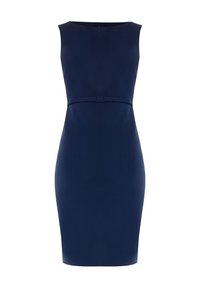 Robe sans manches bleu marine en tissu lisse. Design ajusté avec une taille définie, ornée d'une ceinture assortie et d'un subtil détail de couture centrale.