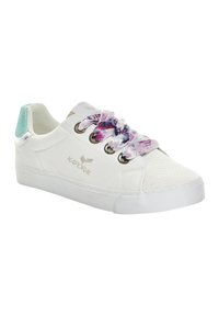 Sneaker bianche con punta testurizzata, lacci a fantasia floreale e accentatura turchese sul tallone. Dettaglio del logo sul lato.