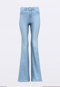 High-waisted flared jeans in light blue denim, featuring a smooth texture, classic five-pocket design, and a subtle fade effect.