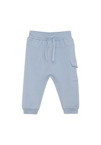 Helle blaue Baumwoll-Jogginghosen mit elastischem Bund, Kordelzug und seitlicher Cargo-Tasche. Die Bündchen sind tapered und elastisch.