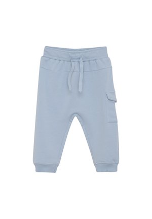 Helle blaue Baumwoll-Jogginghosen mit elastischem Bund, Kordelzug und seitlicher Cargo-Tasche. Die Bündchen sind tapered und elastisch.