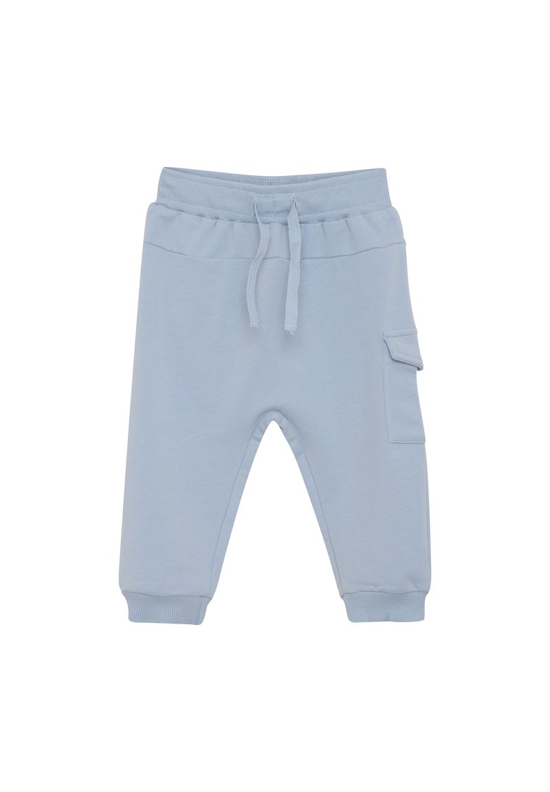 Helle blaue Baumwoll-Jogginghosen mit elastischem Bund, Kordelzug und seitlicher Cargo-Tasche. Die Bündchen sind tapered und elastisch.