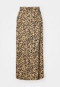 Leopardmønstret, beige stoffskjørt, hel lengde, med elastisk midjebånd, med en glatt tekstur og plisserte detaljer.