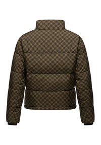 Donsjack in bruin met een geometrisch patroon, voorzien van een hoge kraag, gevoerde delen en elastische boorden voor een comfortabele pasvorm.