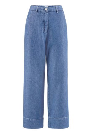 Hoch taillierte, weit geschnittene blaue Jeans aus Denim mit vorderem Knopf- und Reißverschluss, Gürtelschlaufen und umgeschlagenen Säumen.