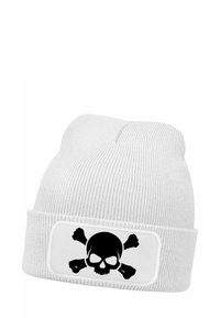 White knit beanie featuring a black skull and crossbones graphic on a white patch. The fabric is ribbed, providing a textured appearance.
