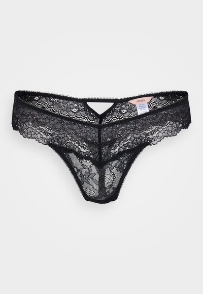 Black lace thong with floral pattern, scalloped edges, and a V-shaped front cutout. Features a soft waistband and minimal back coverage.