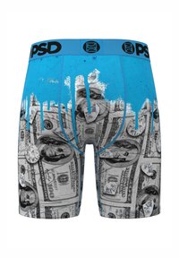 Blue boxer briefs featuring a money and diamond print. The waistband is black with the "PSD" logo. Design includes splash effects in blue and white.