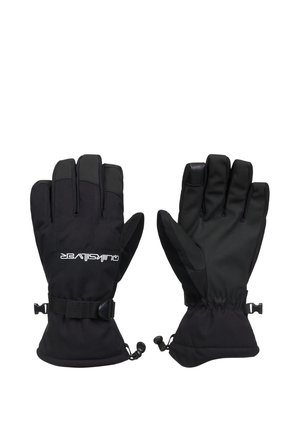 Paar schwarze isolierte Winterhandschuhe mit verstellbaren Handgelenksriemen und strukturierten Handflächen für besseren Halt.
