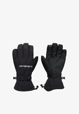 Pair of black insulated winter gloves with adjustable wrist straps and textured palms for grip.