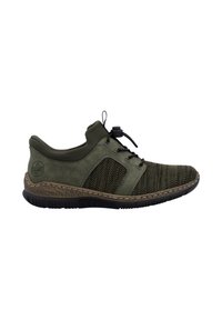 Chaussures vert olive avec une tige en mesh, des accents en daim, un embout rond et une semelle texturée. Comprend un système de laçage à cordon ajustable pour un réglage facile.
