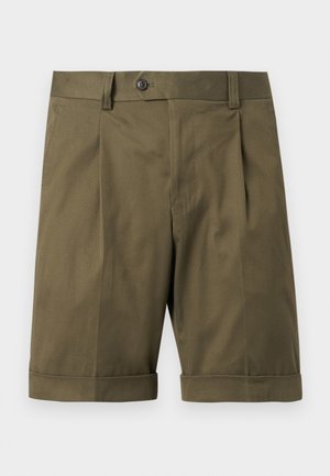 Olivengrønne skræddersyede shorts med forreste folder, knaplukning, bæltestropper, sidelommer og opbukket kant.