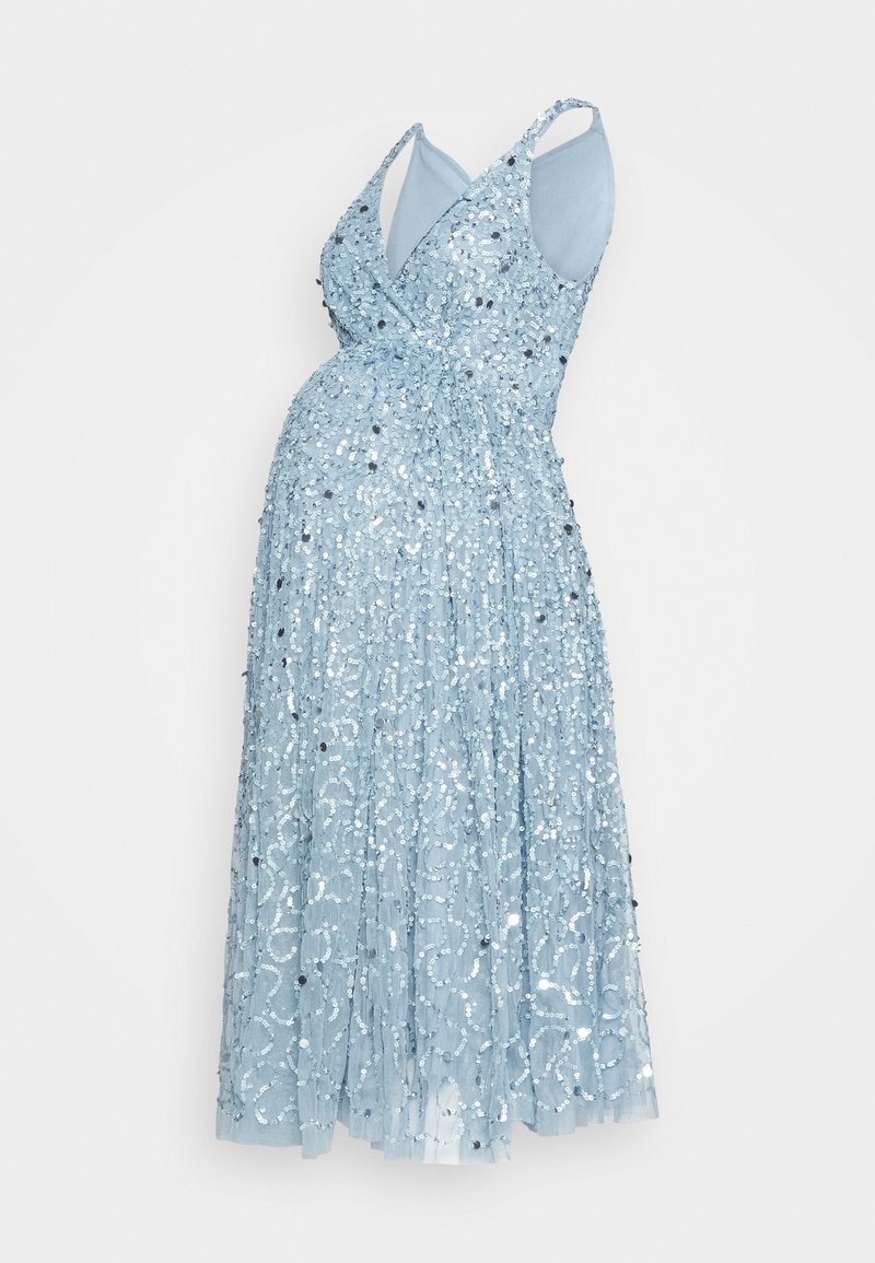 Light blue maternity dress featuring a wrap design, embellished with sequins, textured fabric, and a flowing A-line silhouette.