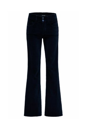 Zwarte high-waist jeans met een lichte flare, twee voorzakken en dubbele knoopsluiting bij de taille.