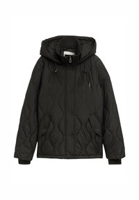 Veste matelassée noire avec capuche, présentant un motif ondulé, des boutons-pression, des cordons ajustables et des poches latérales.