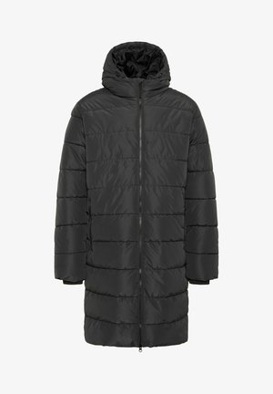 Svart pufferjakke med hette, med horisontale quiltede seksjoner, full frontglidelås og elastiske mansjetter. Designet er midt på låret.